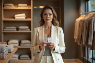 Femme en boutique comparant des étiquettes de tailles australiennes et françaises sur des vêtements