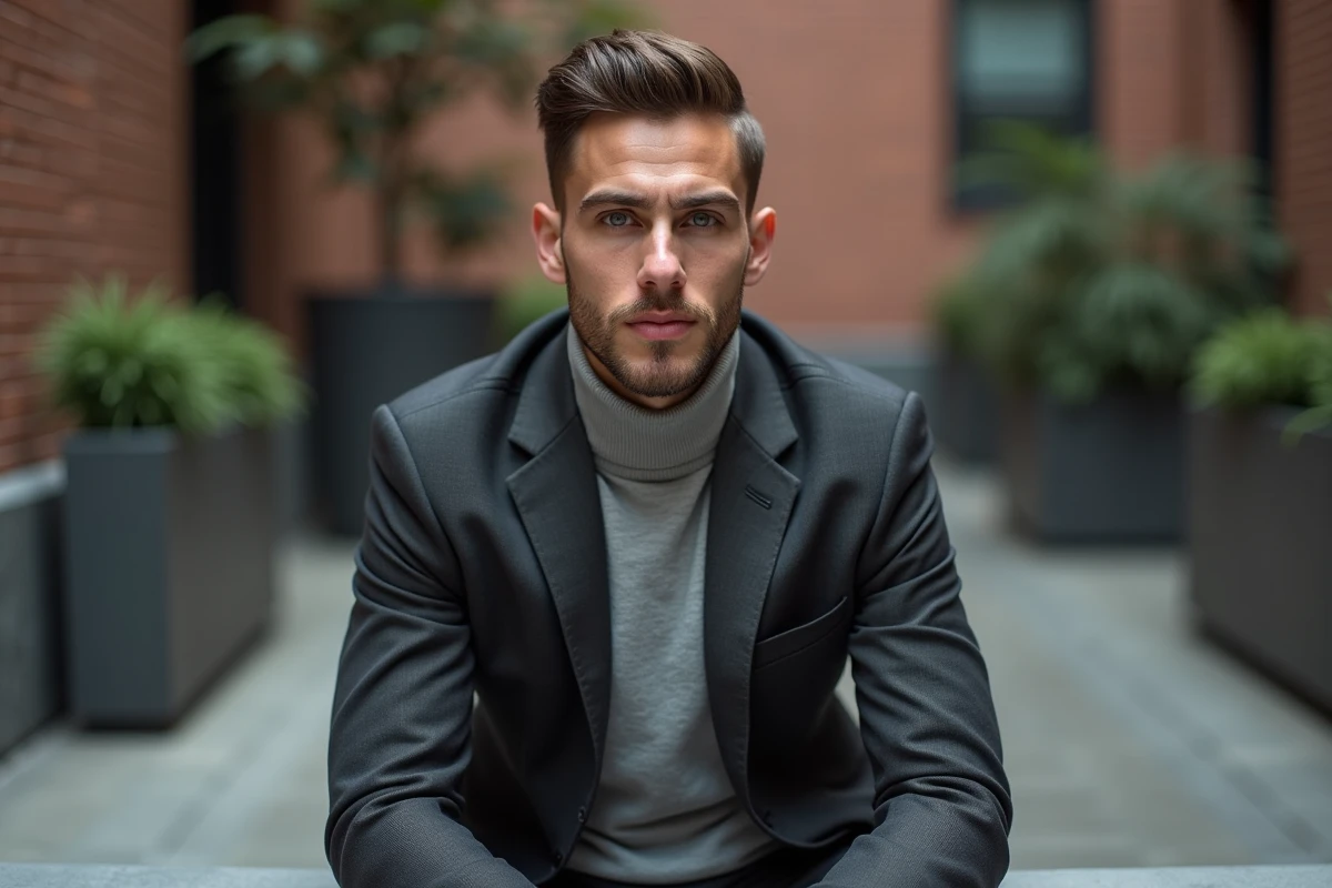 Portrait d'un homme avec une coupe courte texturée et raie sur le côté, en costume moderne dans une cour urbaine