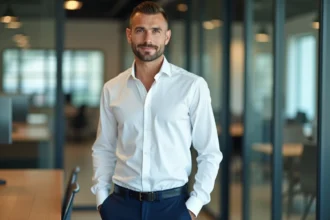 Homme en chemise blanche avec une coupe courte dégradée dans un bureau moderne, style professionnel et soigné