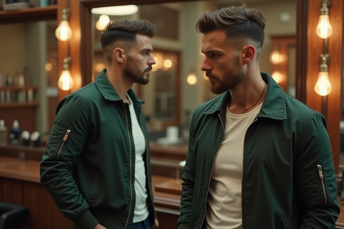 Homme en blouson bomber avec une coupe undercut courte stylisée dans un salon de coiffure vintage et moderne