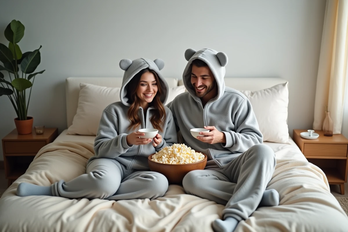 Couple d'adultes en combinaisons pilou pilou grises assorties avec oreilles d'ours, allongés sur un grand lit à partager du popcorn lors d'une soirée cinéma cosy