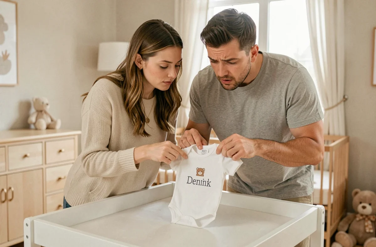 Couple examinant un body bébé personnalisé dans une chambre de bébé pour éviter les erreurs de commande