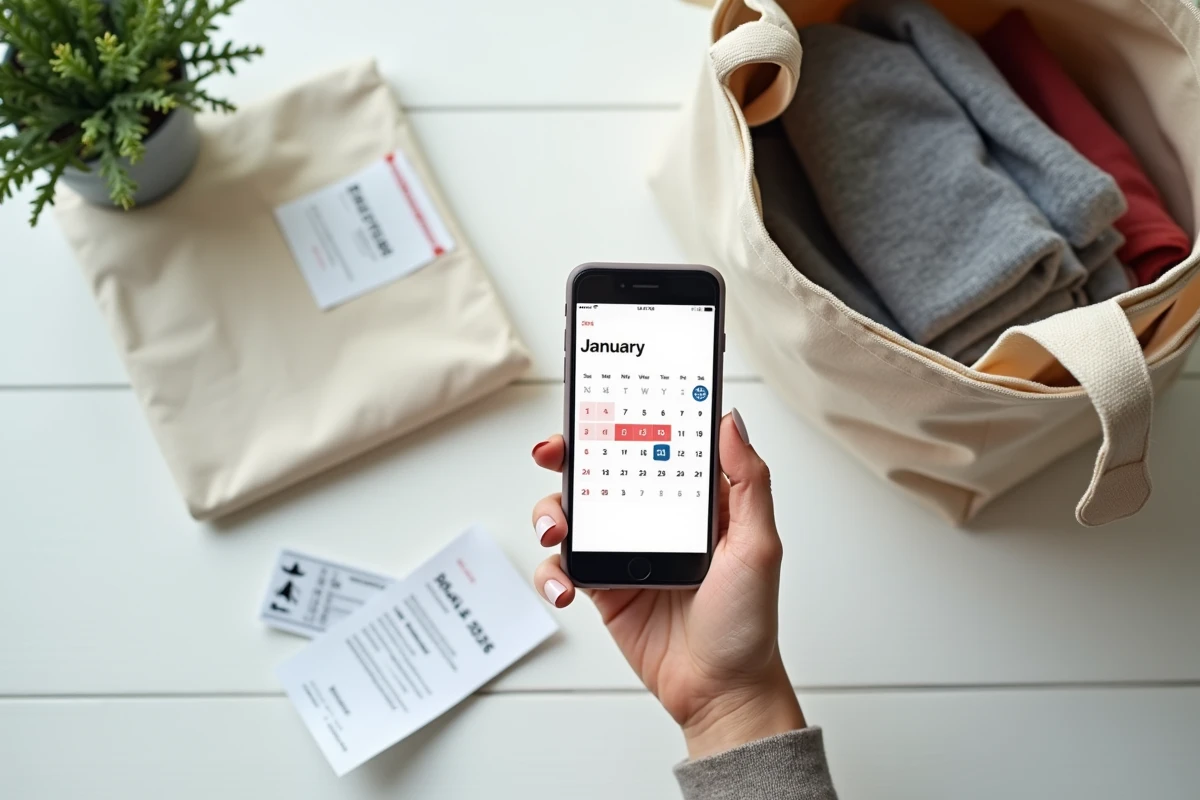 Gros plan d'une main tenant un smartphone avec date des soldes 2026 entourée sur calendrier, à côté de reçus et prospectus de promotions