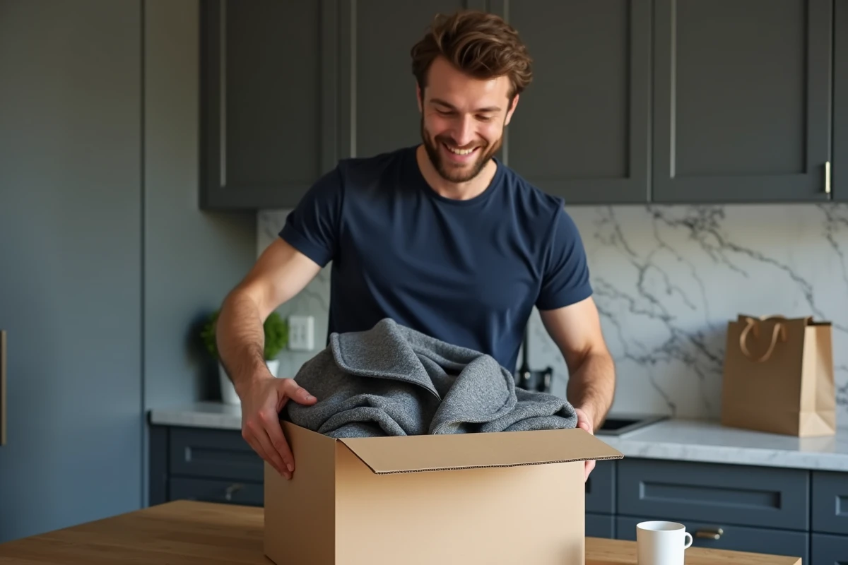 Homme déballant une commande de vêtements de seconde main Sellpy reçue par livraison