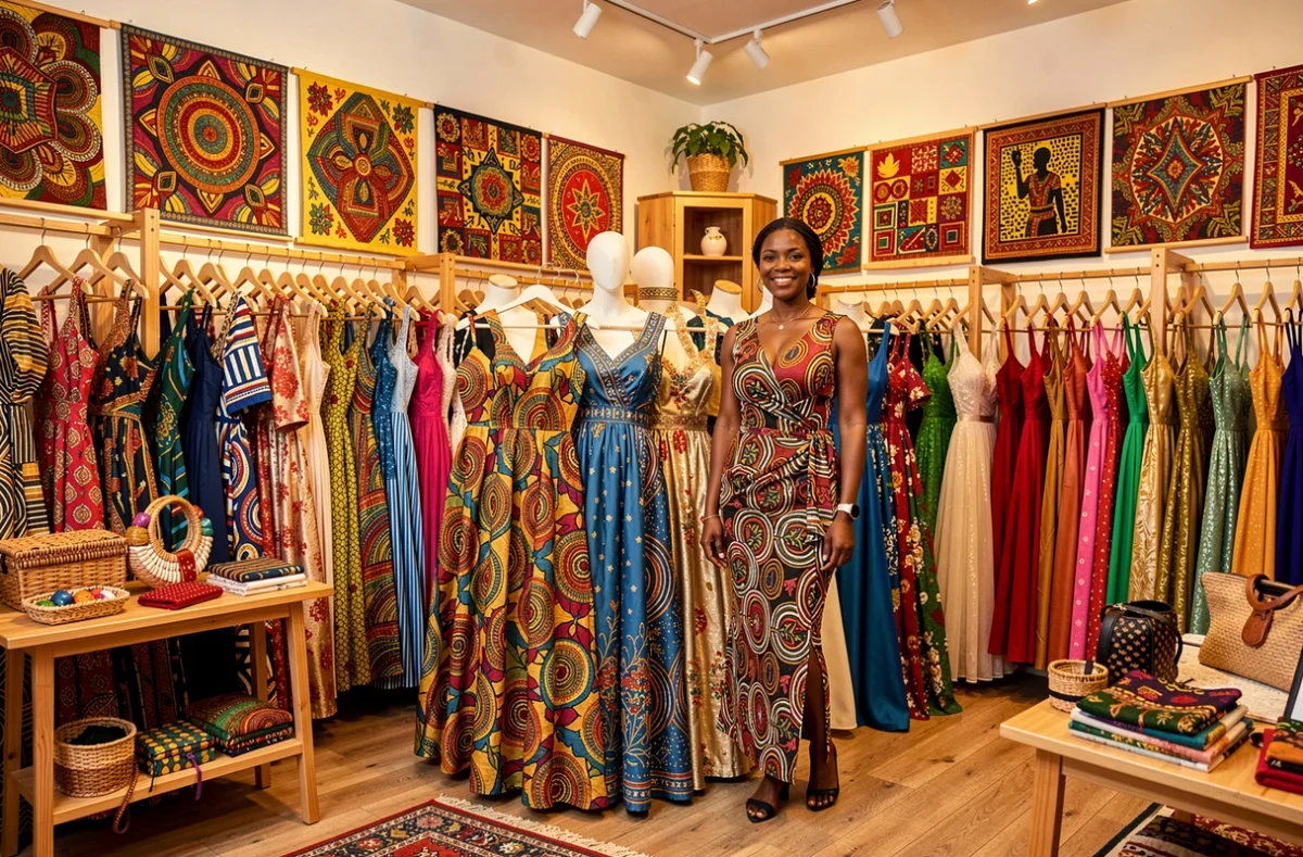 Collection de robes du soir aux imprimés africains et broderies chez Debo Collection en Alsace