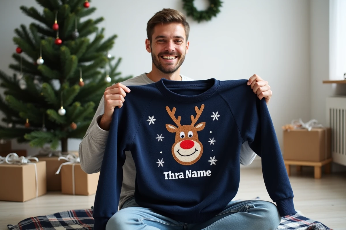 Jeune homme découvrant avec surprise son pull de Noël personnalisé bleu marine sous le sapin dans un appartement scandinave