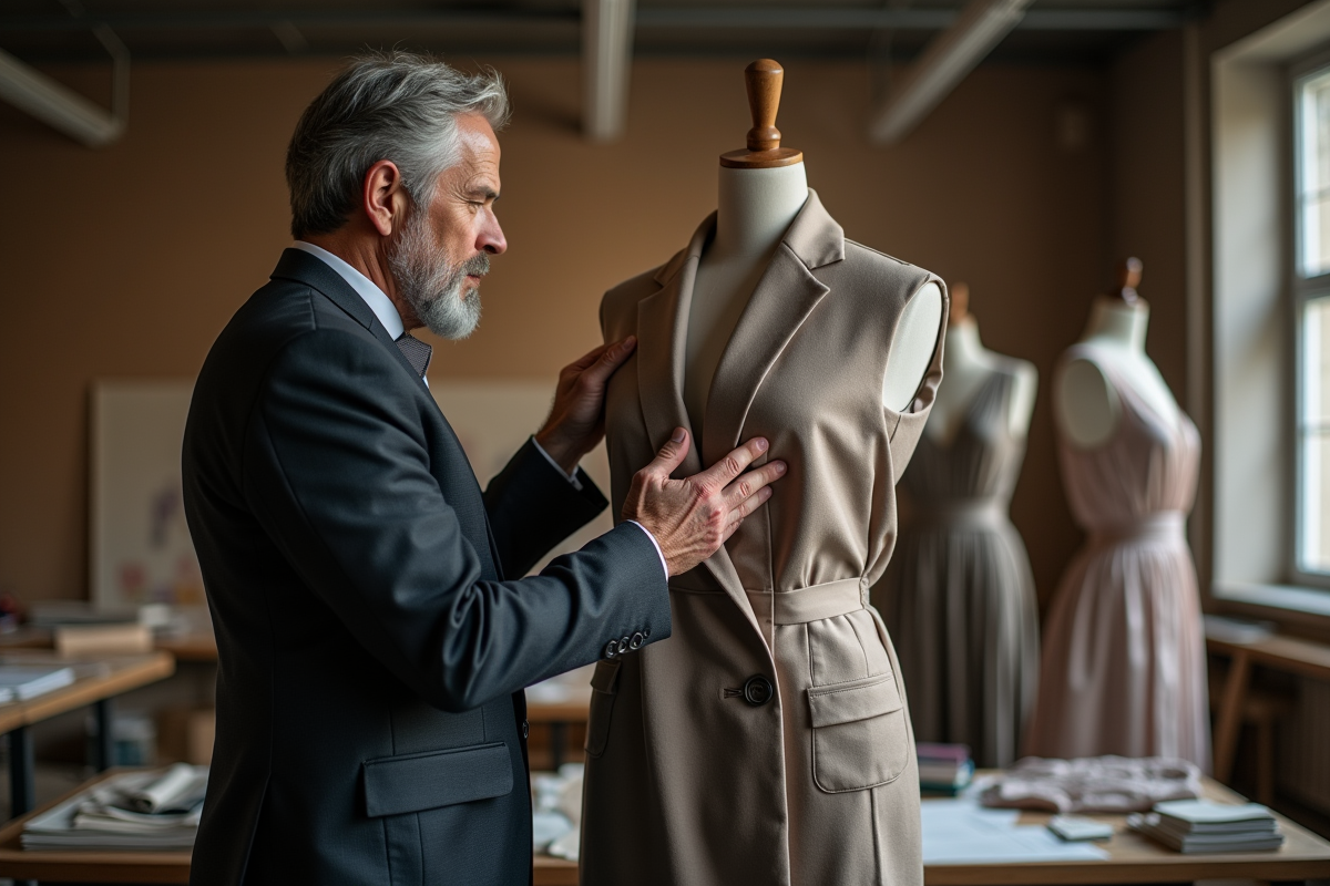 Designer de mode ajustant une creation dans son atelier