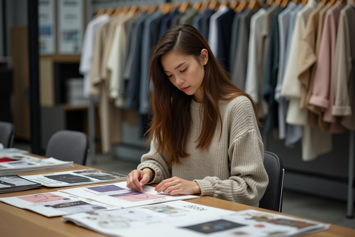 Jeune créatrice de mode examinant des échantillons de tissu