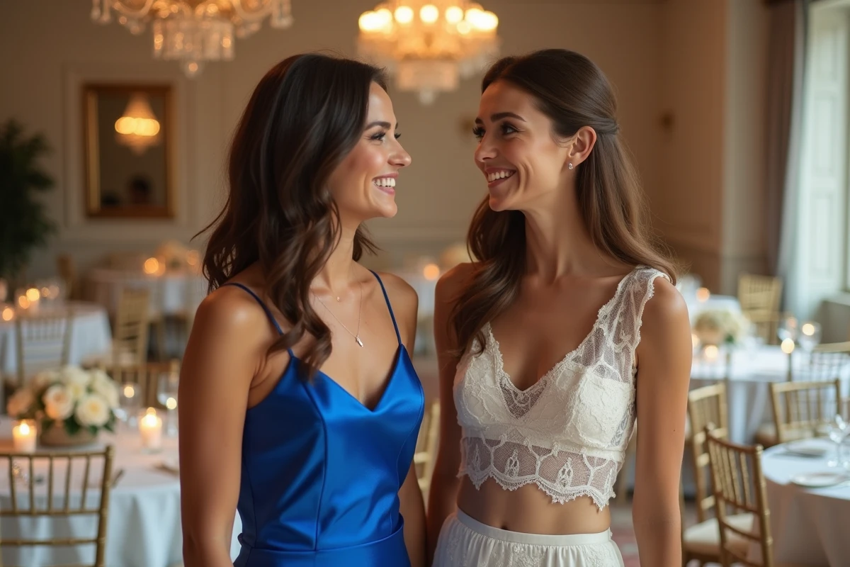 Deux femmes invitées à un mariage en tenues élégantes à l'intérieur d'une salle de réception décorée