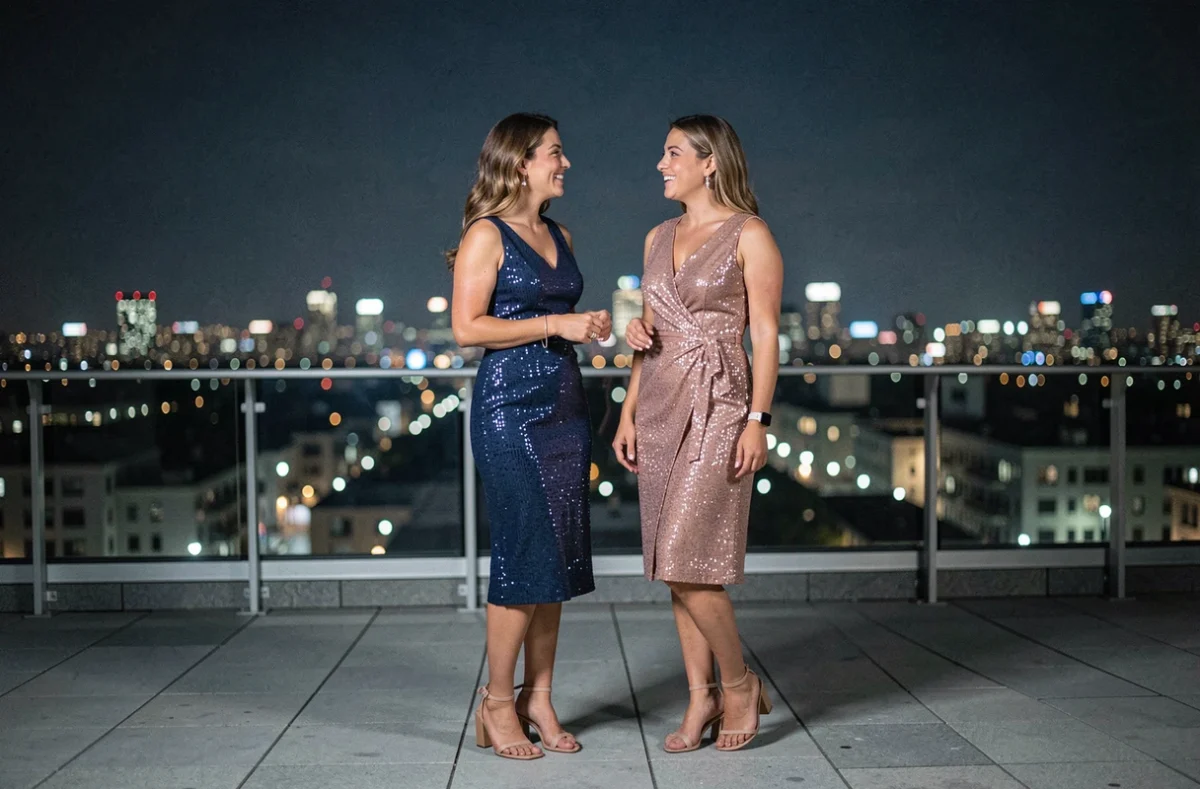 Deux femmes en robes pailletées bleu nuit et or rose sur une terrasse urbaine lors d'une soirée du Nouvel An