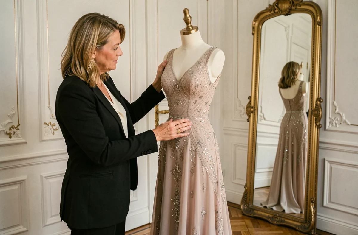 Consultante de mode présentant une robe de soirée perlée chez Elya Couture à Strasbourg