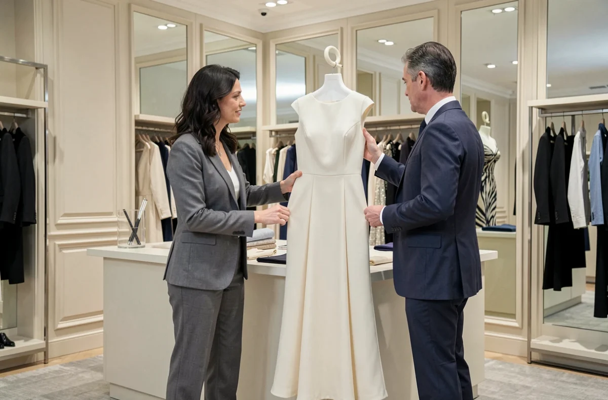 Designer présentant une robe de soirée colonne en crêpe ivoire à une cliente chez Emie Saint-Germain à Strasbourg