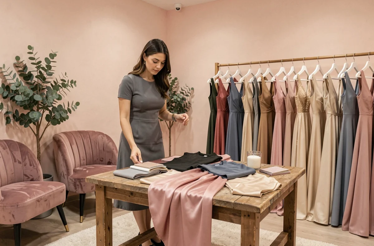 Conseillère présentant des échantillons de tissus à une cliente chez Émilie, boutique de robes de soirée à Nancy