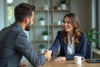 Femme souriante en réunion d'affaires dans un bureau moderne