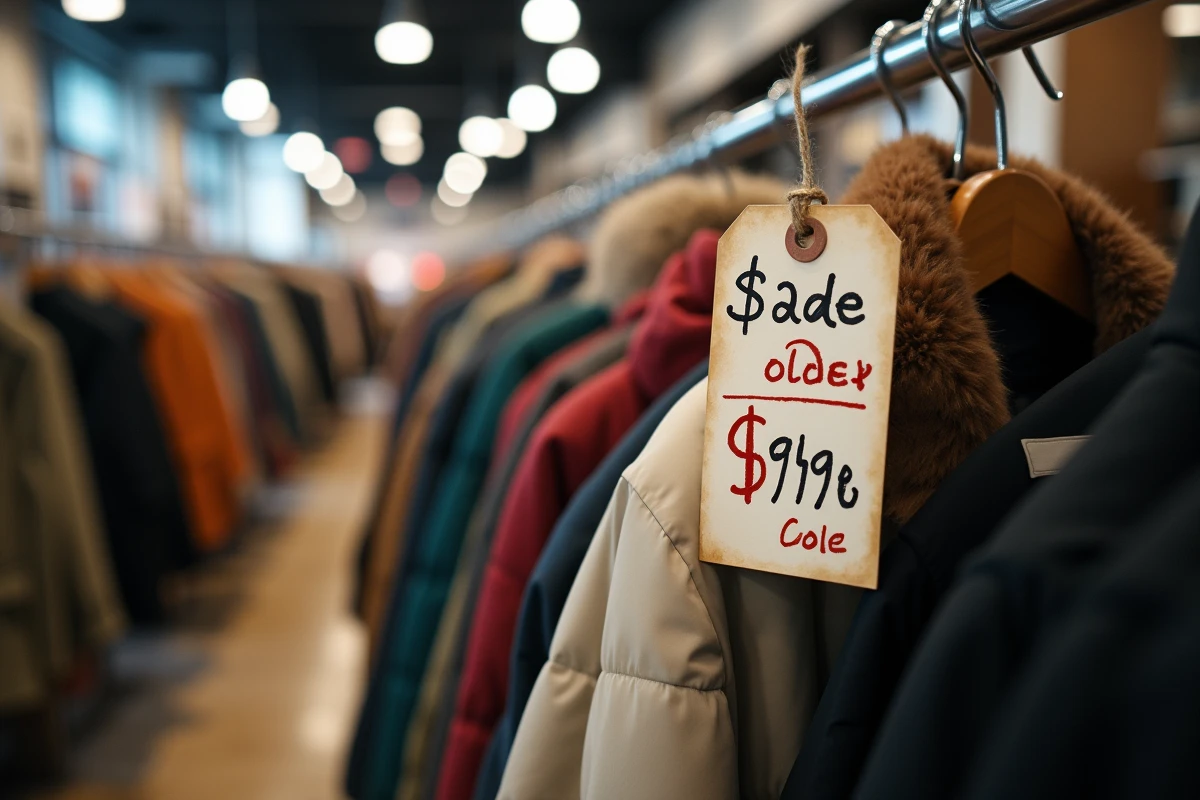 Gros plan sur une étiquette de prix de manteau en soldes révélant une réduction trompeuse avec plusieurs tags superposés