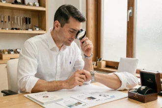 Expert horloger examinant une montre de luxe avec une loupe pour authentifier une Rolex
