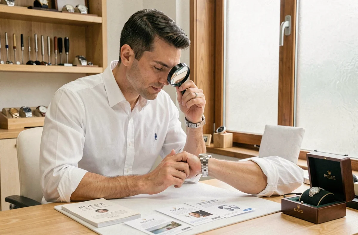 Expert horloger examinant une montre de luxe avec une loupe pour authentifier une Rolex