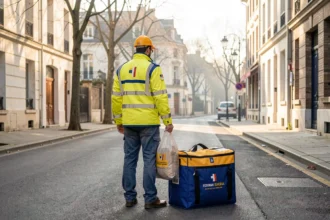 Facteur en tenue de La Poste devant sa sacoche de distribution