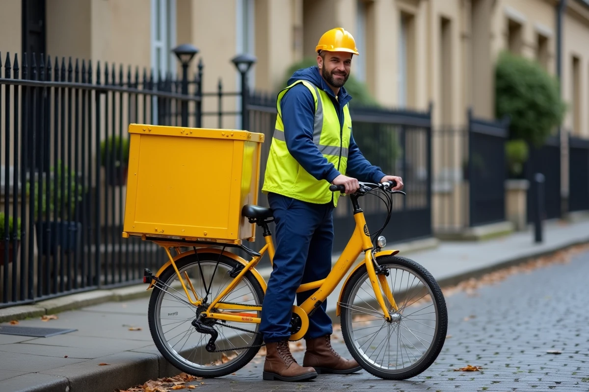 Facteur La Poste en tenue de livraison complète avec gilet jaune à côté de son vélo dans une rue française
