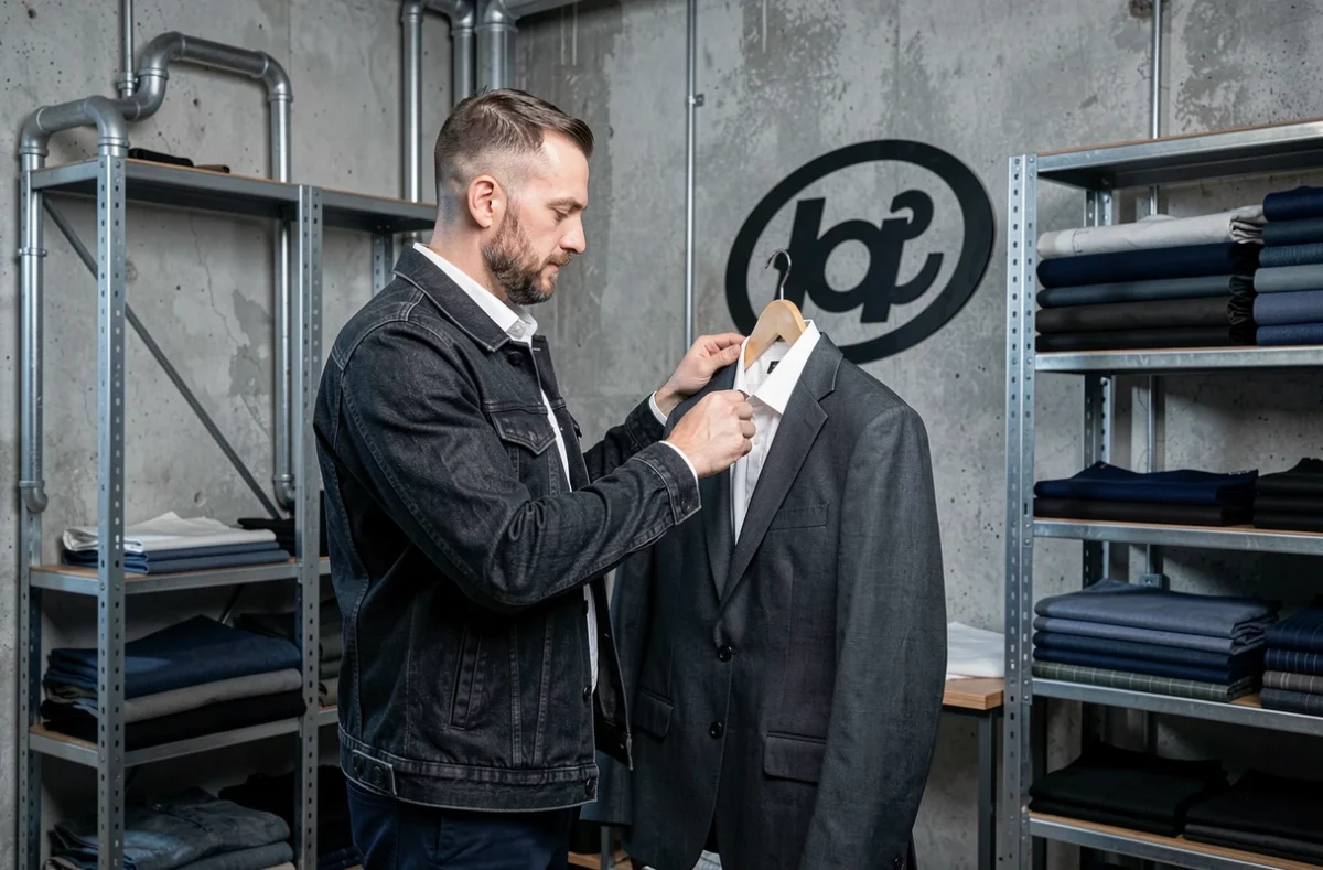 Tailleur de Federal's mesurant un veston masculin dans un atelier au style industriel urbain contemporain