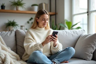 Femme consultant l'application Sellpy sur smartphone pour acheter des vêtements de seconde main