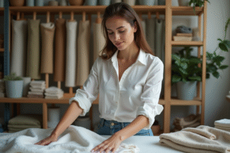 Jeune femme dans un atelier textile écologique en train de plier des vêtements