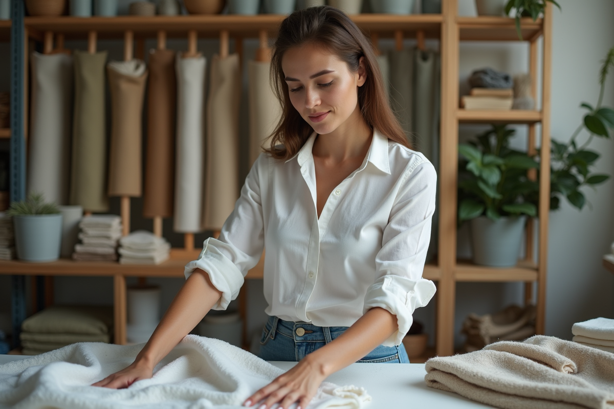 Jeune femme dans un atelier textile écologique en train de plier des vêtements