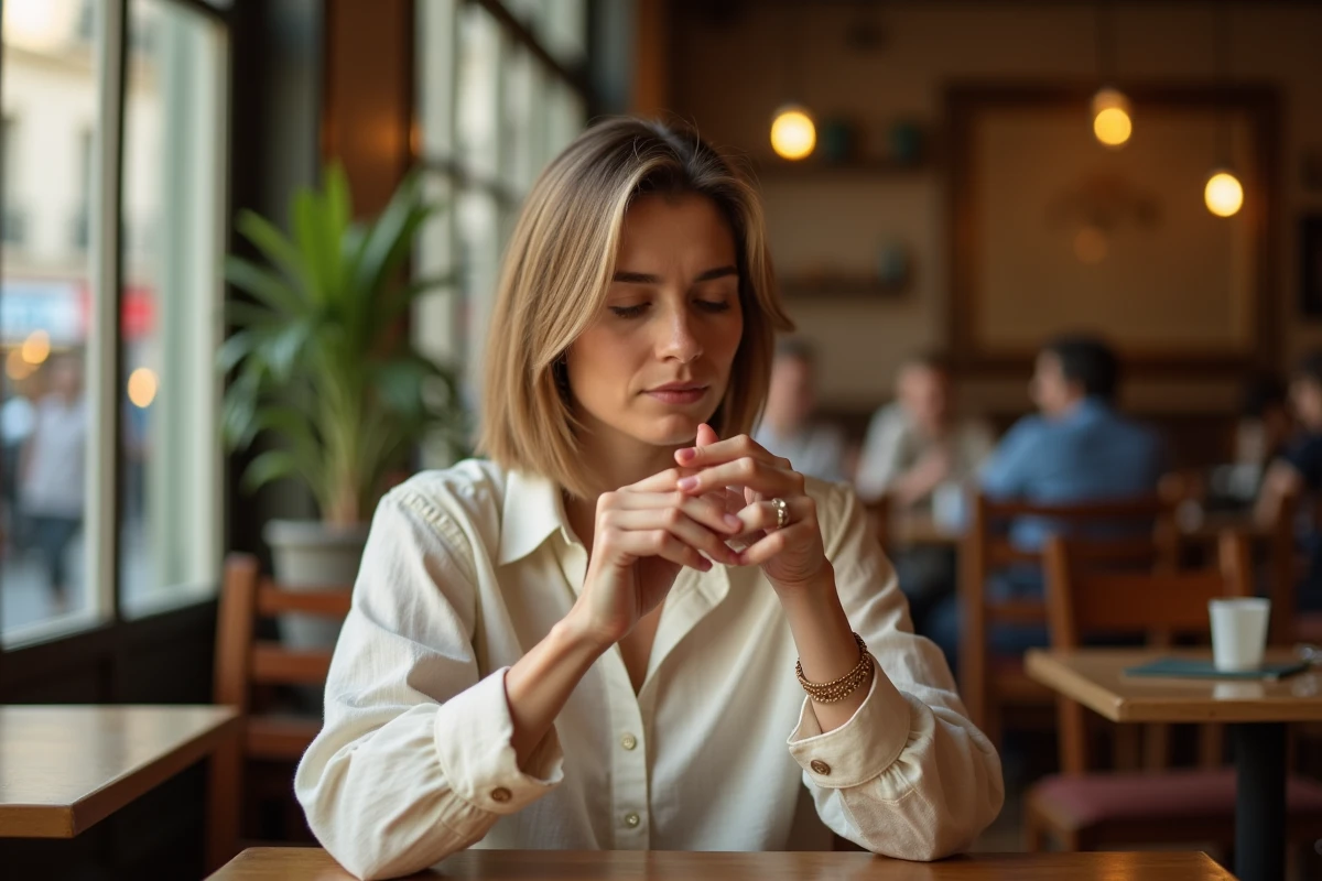 Femme tenant une bague en or jaune avec un bracelet en or blanc au poignet dans un café parisien