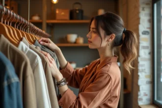 Femme explorant les vêtements dans une petite boutique indépendante aux murs en briques apparentes