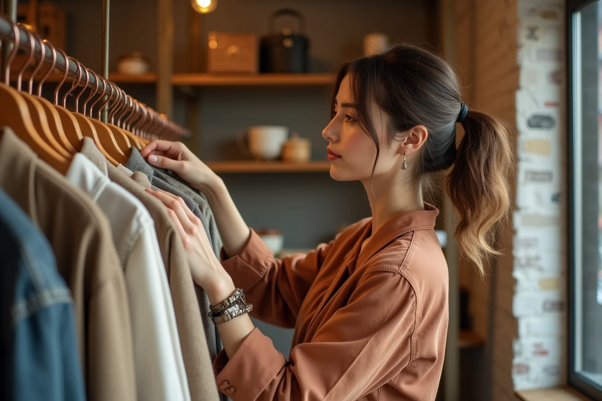 Femme explorant les vêtements dans une petite boutique indépendante aux murs en briques apparentes