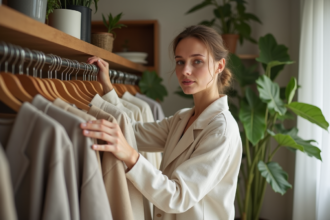 Femme en boutique écologique touchant des vêtements en lin