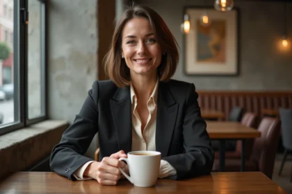 Femme élégante au café avec blazer noir et carré bob