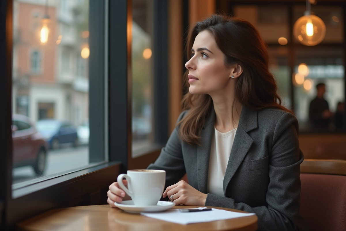 Femme confiante regardant par la fenêtre d