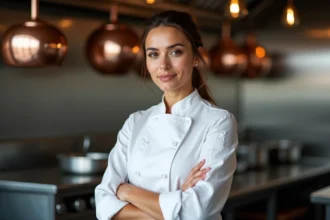 Femme cheffe cuisinière en veste blanche dans une cuisine professionnelle, portrait 3/4 confiant et naturel