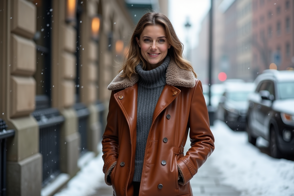 Femme élégante en manteau en cuir brun hiver