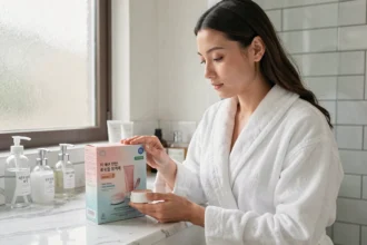 Jeune femme en peignoir blanc inspectant un coffret skincare Yepoda sur un plan en marbre dans une salle de bain moderne