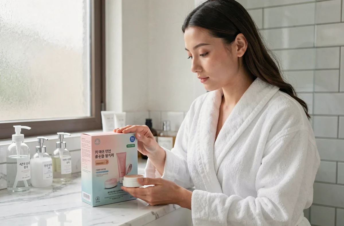Jeune femme en peignoir blanc inspectant un coffret skincare Yepoda sur un plan en marbre dans une salle de bain moderne