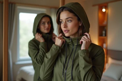 Femme ajustant un col capuche amovible sur une veste zippée verte devant un miroir, illustration du bon ajustement selon la morphologie