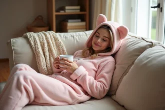 Femme adulte portant une combinaison pilou pilou rose pâle, installée confortablement sur un canapé en lin beige avec une tasse à la main lors d'une soirée détente
