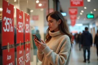 Femme sceptique comparant les prix de soldes d'hiver sur son smartphone devant une vitrine de magasin avec des étiquettes de réductions