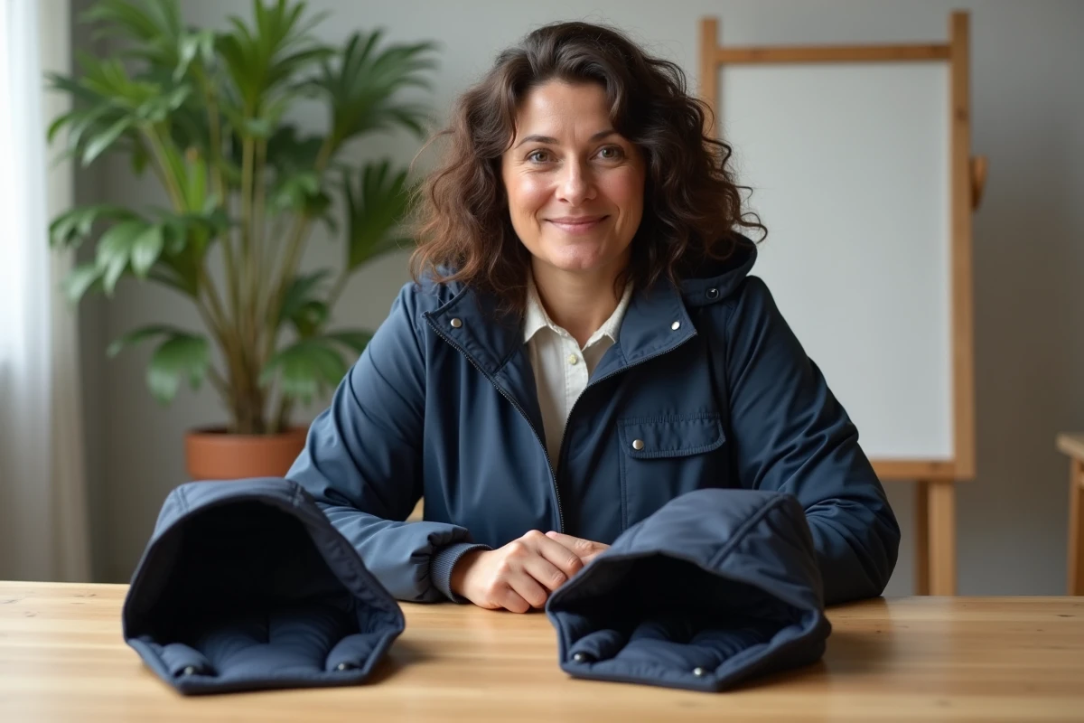 Femme ronde comparant deux tailles de capuche amovible sur un bureau en bois, conseils pour choisir la bonne forme selon sa morphologie