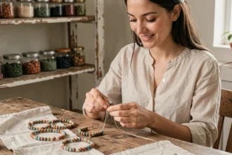 Jeune femme assemblant un bracelet personnalisé avec des perles colorées sur une table en bois rustique dans un atelier maison chaleureux