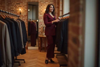 Femme curvy élégante en blazer bordeaux et pantalon taille haute explorant les portants d'une boutique de mode parisienne confidentielle