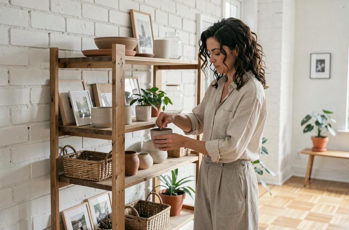 Femme arrangeant une étagère décorée de céramiques, plantes et objets personnels dans un appartement aux murs en brique blanche