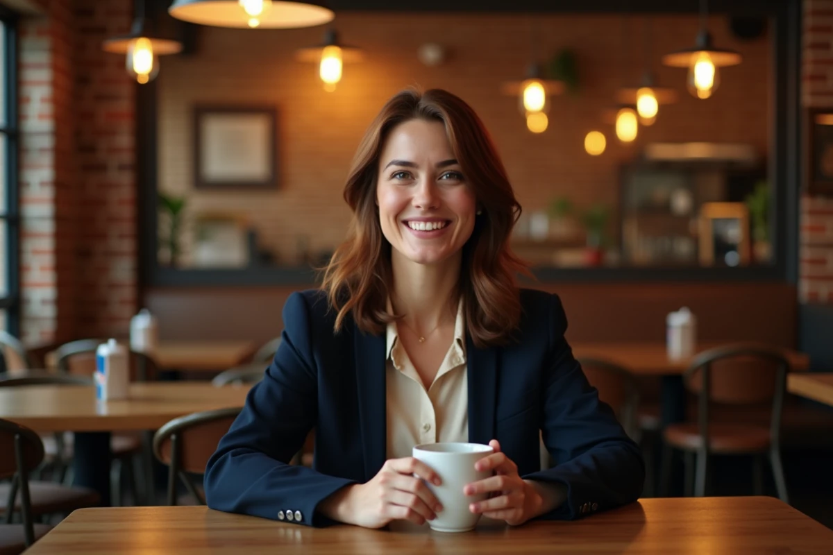 Femme élégante en blazer marine dans un bistro parisien, sourire naturel et ambiance authentique