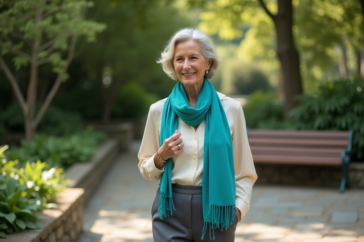 Femme élégante en jardin urbain ensoleille