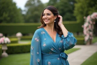 Femme confiante en robe bleu lors d'un mariage en extérieur