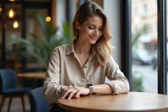 Femme élégante ajustant une montre minimaliste au poignet