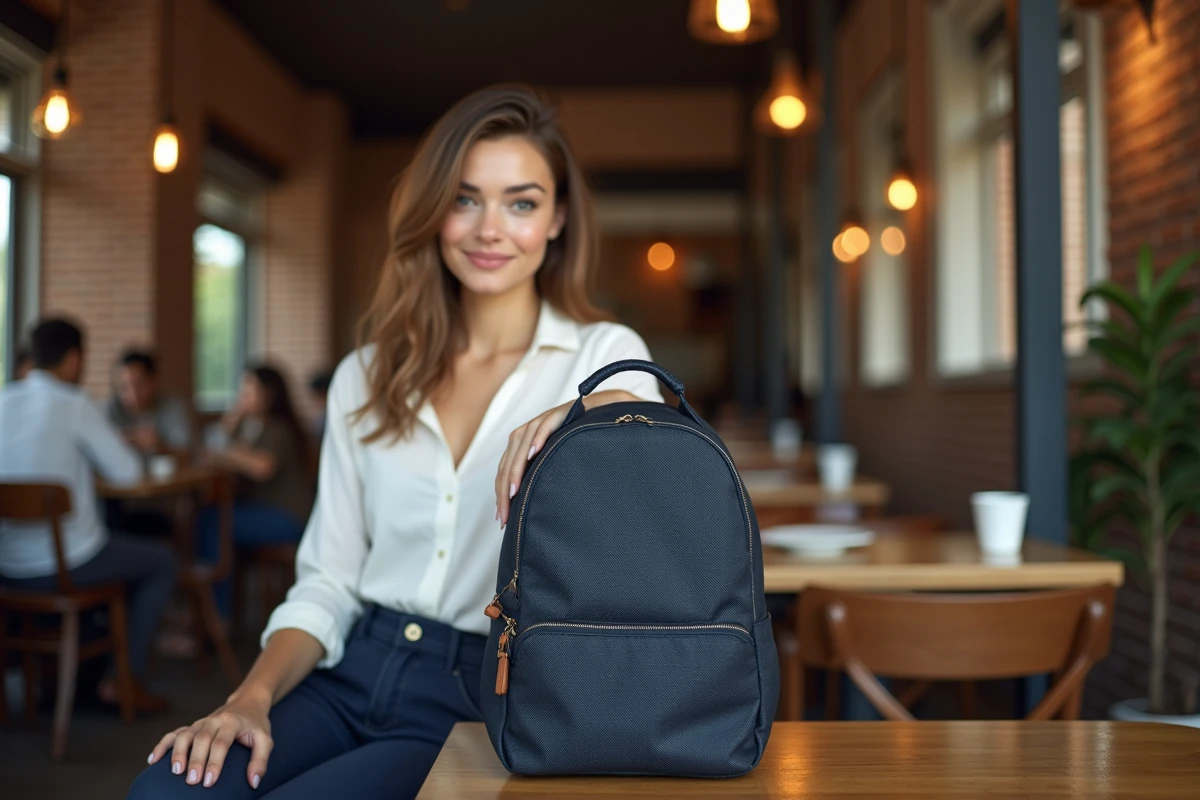 Femme élégante avec un sac à dos pour ordinateur portable posé dans un café aux murs en briques