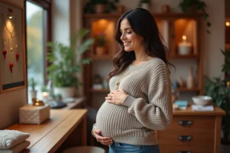 Femme enceinte souriante dans une boutique de bijoux et maternité